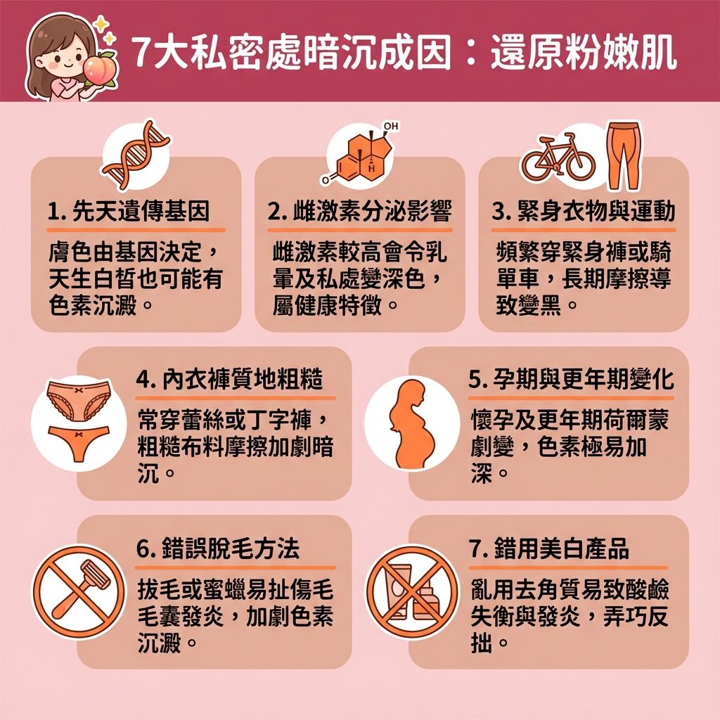 這是一張台灣健康部落格風格的 1:1 正方形資訊圖表,深入解析解決私密處暗沉與去除比堅尼黑印的秘訣。圖表指出,私密處與比堅尼位變黑常因遺傳、荷爾蒙與雌激素變化,或穿著緊身內褲導致長期摩擦,因此減少摩擦變黑是首要任務。
若使用剃刀或蜜蠟錯誤除毛,極易引發炎症、傷害皮膚與毛囊,產生黑色素與色素積聚。正確的私密處保養步驟需重視避免毛囊發炎與預防毛髮倒生。日常可考慮含有果酸與維他命C的產品,參考溫和去角質推薦來清除死皮與老廢角質,並搭配保濕霜以改善私密處乾燥、修復受損屏障及改善皮膚粗糙。不過要注意私密處美白霜效果因人而異,切勿過度使用以免破壞健康環境。
圖表強烈建議,最佳的私密處美白方法與比堅尼脫毛推薦是尋求專業醫生進行比堅尼位激光脫毛與激光私密處美白。透過專業的無痛激光脫毛(激光技術)及私密處美白療程,不僅能舒緩脫毛紅腫,還能改善色素沉澱、減少汗味異味,
