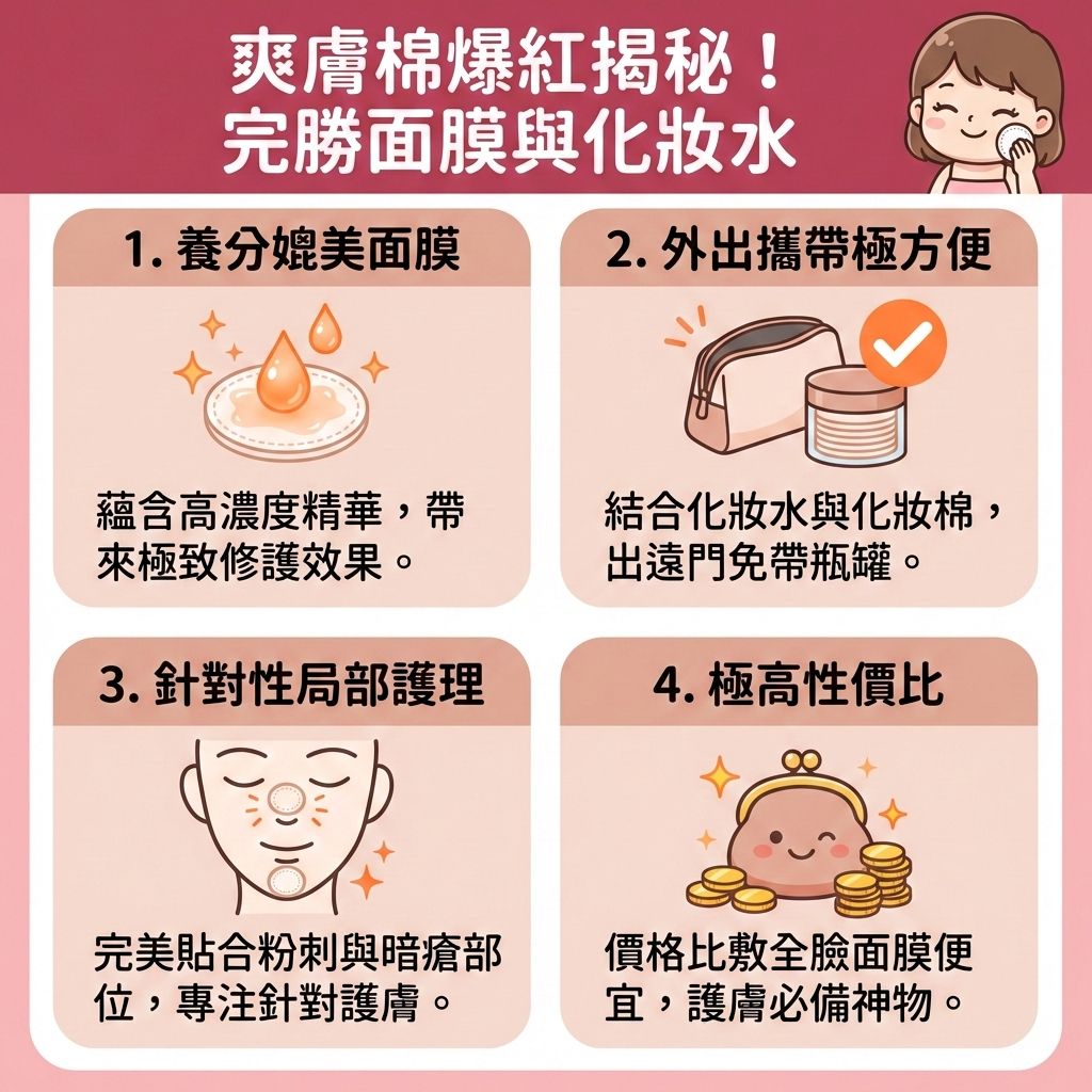 這是一張關於護膚品的扁平化醫學美容資訊圖表,深入比較了爽膚棉、傳統化妝水配合化妝棉,以及片狀面膜的差異。圖表說明對於油性肌膚與敏感肌,爽膚棉能發揮二次清潔與溫和去角質的卓越功效。它蘊含高濃度精華液(如水楊酸與果酸),能深入皮脂腺與毛孔,有效溶解老廢角質並預防毛孔堵塞,從而控制油脂分泌與減少黑頭粉刺,精準打擊粉刺與暗瘡。
若棉片含有積雪草或透明質酸成分,透過局部濕敷更能提供深層保濕、急救補水與長效鎖水,幫助鎮靜敏感肌膚、舒緩泛紅及修復受損屏障,全面保護脆弱的皮膚屏障與角質層。持續使用能調節水油平衡、抗菌消炎、平滑粗糙膚質並改善暗沉膚色,進而提升後續吸收,達到收細毛孔的完美效果。若面臨嚴重肌膚困擾,建議尋求皮膚科醫生協助。圖表最後強烈推薦醫學美容權威完美醫療的專業暗瘡分手療程,為您量身打造健康透亮肌底!
