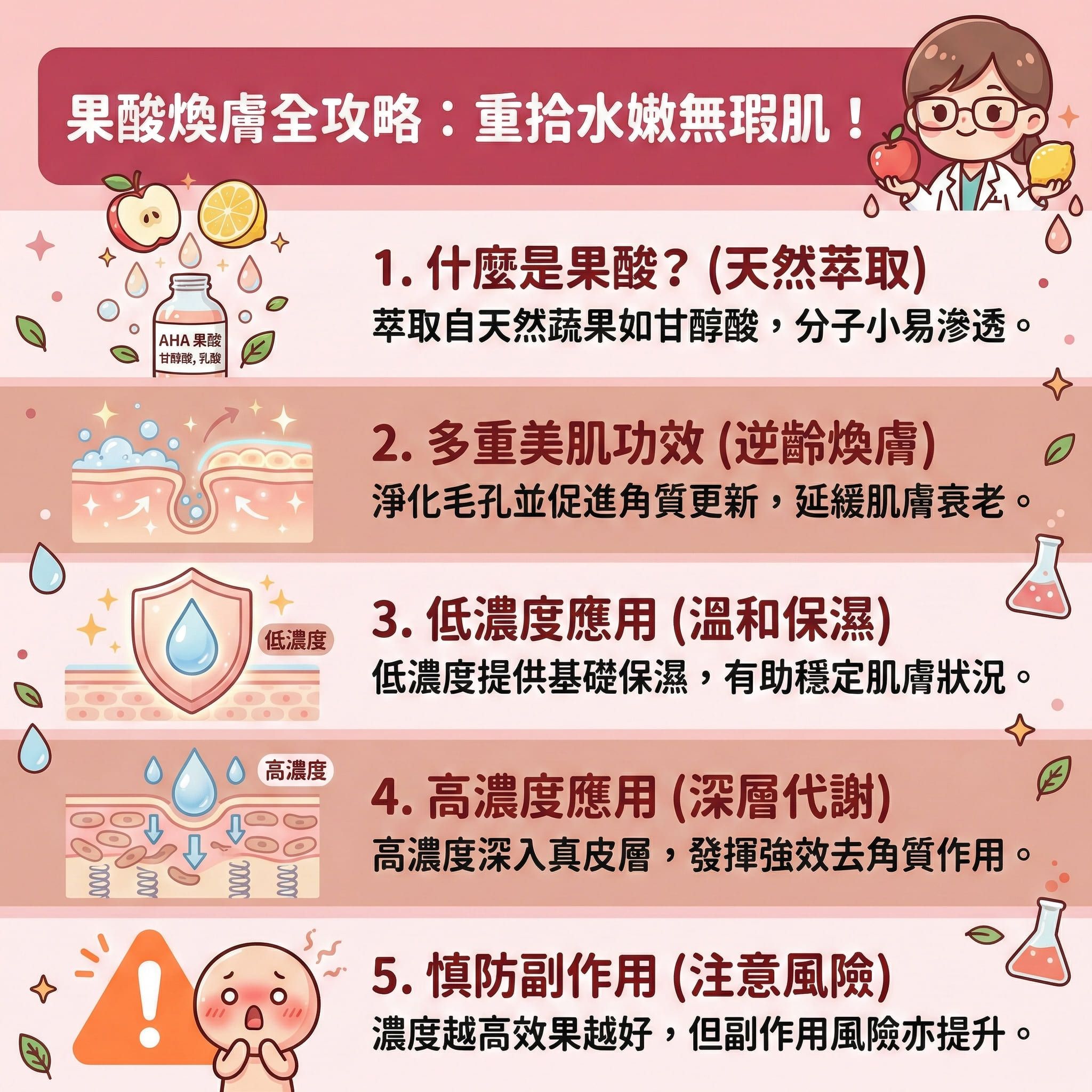 這是一張正方形的扁平化向量醫美資訊圖表,背景採用暖色調(#F4C2C2 / #E5B1A1),主題為解析果酸的護理知識與功效。
圖表上方展示了多種酸類成分,包括甘醇酸、乳酸、蘋果酸、檸檬酸、酒石酸,以及常作比較的水楊酸、杜鵑花酸、杏仁酸與外用A酸。圖示生動描繪了酸類如何穿透角質層到達真皮層,幫助軟化角質細胞與促進角質更新。
中部圖解詳細說明其功效,包括能疏通毛孔、溶解黑頭與粉刺,並有效抑制油脂分泌。針對皮脂腺過度活躍與痤瘡桿菌引起的問題,能達到深層消炎殺菌及減輕發炎紅腫,從而大幅減少暗瘡數量。此外,它能加速細胞代謝、刺激膠原增生(補充膠原蛋白),有助淡化色斑、改善粗糙膚質、提升保濕能力及延緩肌膚老化。
底部區塊提出強烈警示:進行居家護理時必須注意濃度風險,濃度過高可能引發皮膚灼傷泛紅,敏感肌人士需特別小心。若追求安全高效的化學煥膚,建議尋求醫學美容級療程,例如完美醫療的暗瘡分手療程,這類專業療程能做到溫和無痛的煥膚效果。