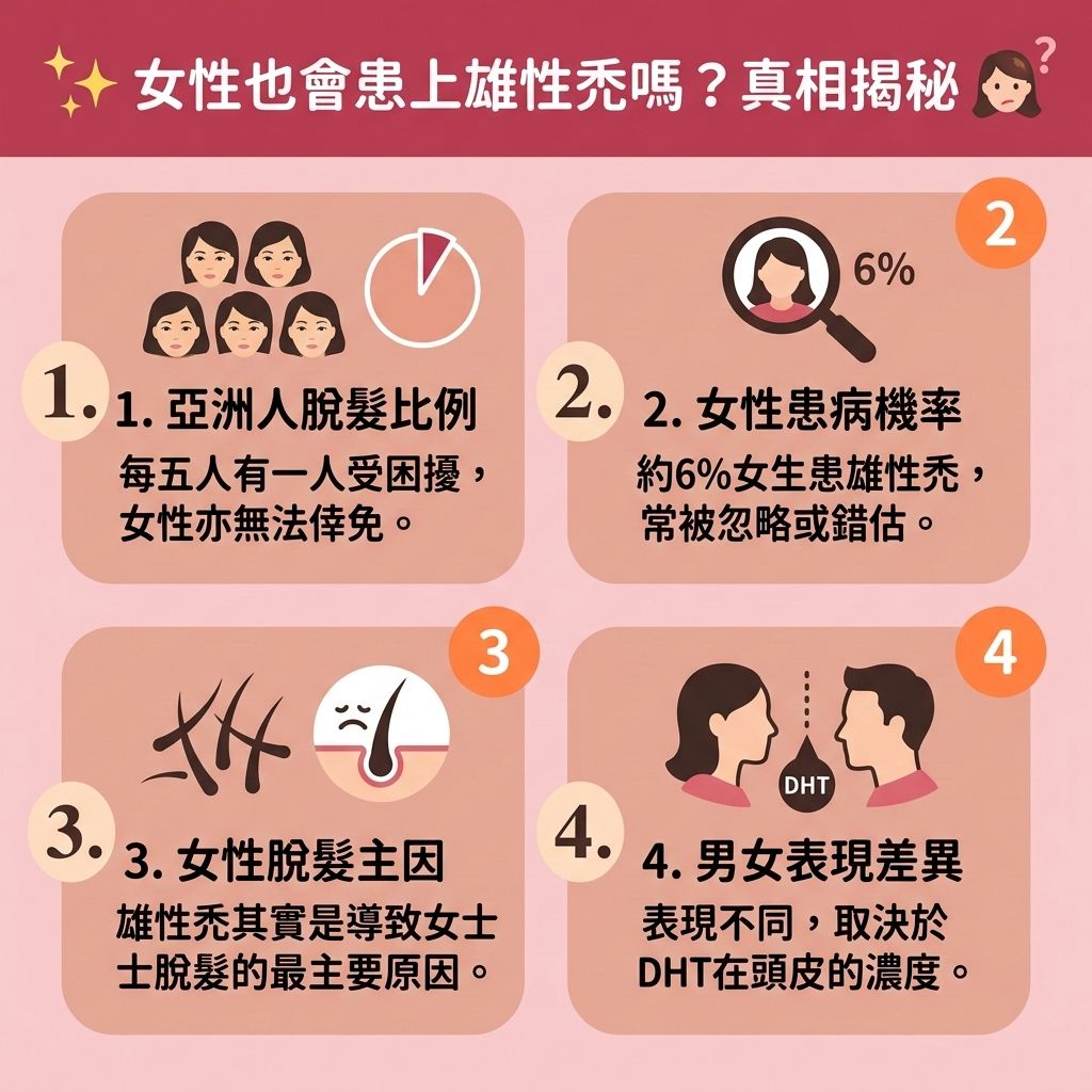 這是一張 1:1 正方形的可愛扁平化向量資訊圖表,採用台灣健康部落格風格,深入探討【女性脫髮問題】。許多人面對生活【壓力】與【遺傳】因素,加上體內【雌激素】與【荷爾蒙】失調,會使【睪酮】異常轉化為【雙氫睪酮】(DHT)。這正是最關鍵的【雄性禿成因】及【遺傳性脫髮】根源。DHT 會無情攻擊【頭皮】的【毛囊】,導致嚴重的【脫髮】與【雄性禿】。若患者的【皮脂腺】出現【頭皮油脂分泌】過盛,更極易引發【毛囊炎】與【脂溢性脫髮】。
圖表詳細介紹了多種【預防脫髮方法】與【雄性禿治療】對策。日常保養可選用含【咖啡因】的【防脫髮洗頭水】或【咖啡因洗髮露】等優質【洗頭水】,以幫助【強健髮根】並【減少掉髮】。針對嚴重落髮,醫學上會建議使用【口服生髮藥】(如【非那斯特萊】)來【抑制荷爾蒙】;或使用【外用生髮水】(例如含有【米諾地爾】的【生髮水】),透過促進【血液循環】來【激活休眠毛囊】,進而【延長生長週期】、【促進頭髮生長】並【改善頭髮稀疏】。
進行治療時,患者務必留意藥物【副作用】及潛在的【生髮藥物副作用】。若掉髮情況已無法逆轉,建議尋求【專業生髮療程】的協助,或進一步考慮【植髮】手術,重拾自信風采。