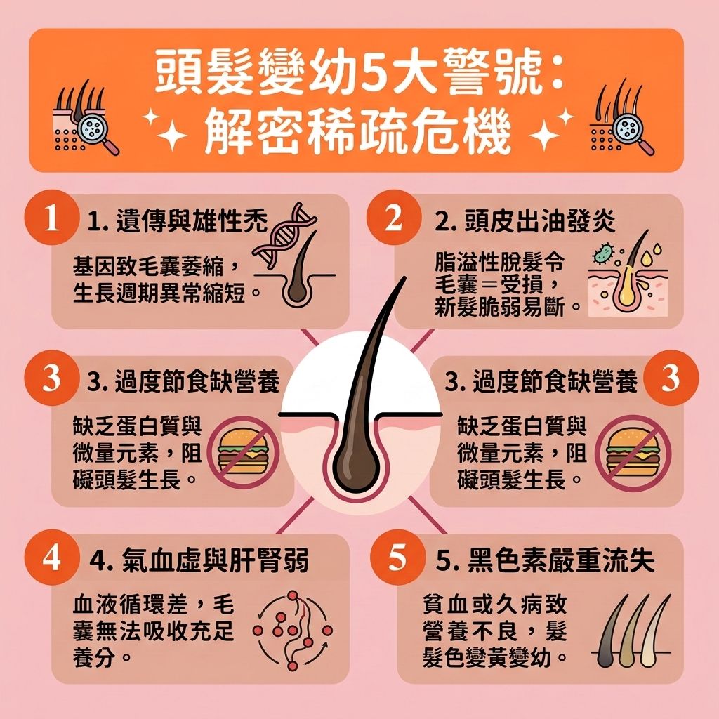 這是一張 1:1 正方形的可愛扁平化向量插畫,採用台灣健康部落格風格,為您圖解【頭髮變幼成因】與【髮質變差】的秘密。圖表展示了【頭髮】與【頭皮】結構,說明當【遺傳】或【衰老】引發【雄性禿】時,體內【荷生蒙】失調會產生【雙氫睪酮】,攻擊【毛囊】並造成【頭髮生長週期縮短】及異常的【生長週期】。若【皮脂腺】分泌過盛,會出現【雄性禿初期特徵】。圖表建議要及早【調理頭皮環境】並做好【頭皮深層清潔】,配合溫和的【洗頭水】及參考【防脫髮洗頭水推薦】來【舒緩頭皮壓力】。
為實踐【預防脫髮方法】及【減少掉髮數量】,我們必須【補充頭髮營養】,攝取充足的【蛋白質】、【鐵質】與【鋅】等【營養】。良好的【血液循環】能【促進頭皮血液循環】,幫助【改善毛囊萎縮】。面對生活【壓力】,日常可塗抹【生髮水】及【育髮精華】來【強健脆弱髮根】並【延長頭髮生長期】,達致【增厚頭髮】及【增加頭髮濃密度】的效果。若想徹底進行【頭髮稀疏改善】,建議尋求專業【醫生】協助,透過【專業生髮療程】來【刺激毛囊再生】,重拾濃密秀髮!