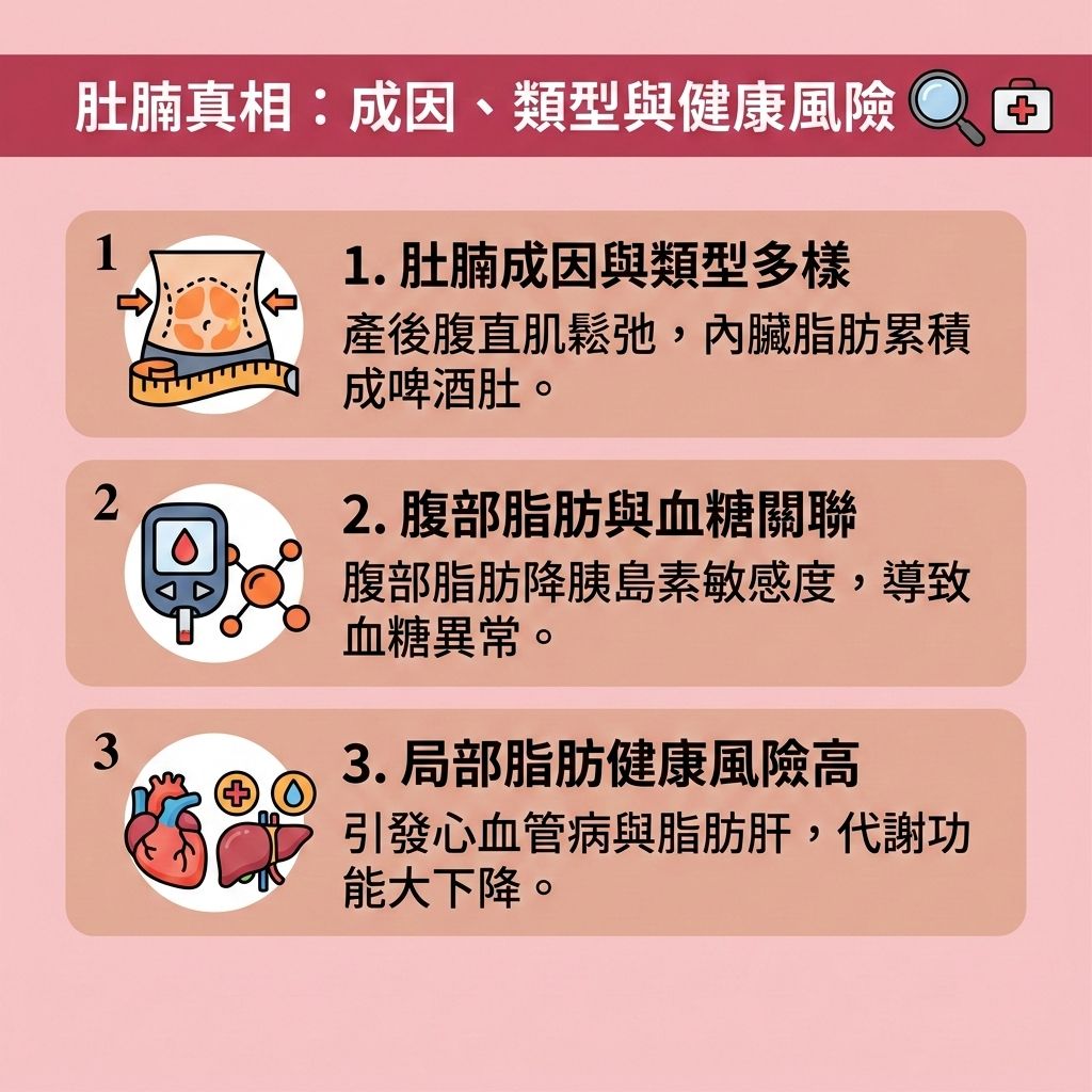 這是一張採用台灣健康部落格風格的 1:1 正方形扁平化向量資訊圖表插畫,背景採用可愛的淺粉紅色。圖表詳細剖析了肚腩成因與健康風險,旨在提供有效的減大肚腩方法與快速瘦小腹指南。
圖表分為三個主要區塊。第一區塊顯示皮下脂肪與內臟脂肪的差異,說明產後腹直肌鬆弛與荷爾蒙變化會導致脂肪細胞囤積,形成難看的肚腩。第二區塊配有血糖與胰島素圖示,解釋過多精緻碳水化合物如何影響代謝。第三區塊畫有心肺肝臟,警告脂肪肝及水腫風險。
為幫助消除腹部贅肉與改善中央肥胖,圖表建議實行熱量赤字與控制熱量攝取,可搭配輕斷食與調節飲食結構。增加優質蛋白質與膳食纖維的攝取,能促進腸胃蠕動並幫助排毒清腸宿便。配合運動鍛鍊核心肌群,能有效維持新陳代謝、提升基礎代謝與整體的基礎代謝率,進一步延長燃脂時間,真正燃燒深層脂肪。
這不僅能幫助您突破減肥停滯期、降低體脂率與降低體脂比例,還能預防脂肪積聚、改善睡眠質素,最終打造易瘦體質。若想更快速塑造緊緻線條,醫學美容是理想選擇。透過專業的無創減脂技術、溶脂與局部減脂療程,配合減脂增肌飲食,能安全高效地達成完美體態!