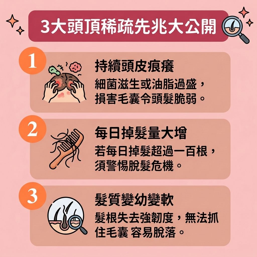 這是一張 1:1 正方形的可愛醫美資訊圖表,教你認清【頭頂稀疏】與【地中海】的【脫髮早期先兆】。無論是【遺傳】還是【壓力】造成的【女性脫髮原因】或【男性脫髮危機】,當【頭皮】的【皮脂腺】異常,【頭皮油脂分泌】過剩並引發【頭瘡】與破壞【角質層】時,就是【脫髮】警號。若體內【荷爾蒙】失調,轉化為【雙氫睪酮】,便會引發【雄性禿】,嚴重攻擊【毛囊】。
為落實【預防脫髮方法】與【日常頭皮護理】,需確保頭部【血液循環】順暢並補充【蛋白質】以【改善頭皮環境】。面對初期徵兆,應及早【改善頭頂稀疏】與【改善頭髮稀疏】。醫學上可透過外用含【米諾地爾】的【生髮水】,或口服【非那斯特萊】來【抑制男性荷爾蒙】,從而【強健脆弱髮根】、【延長生長週期】。
若尋求【專業生髮療程】來【激活休眠毛囊】、【刺激毛囊再生】、【促進頭髮生長】並【增加頭髮密度】,可考慮【無創增髮技術】或【醫療紋髮技術】(如【紋髮】)。要徹底【解決地中海脫髮】,最終可選擇【植髮】手術,重拾自信光彩!