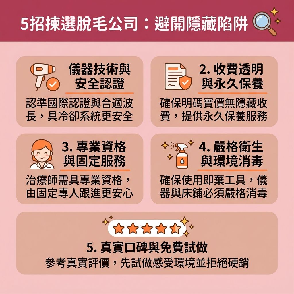 這是一張呈現台灣健康部落格風格的 1:1 正方形資訊圖表,教你如何挑選脫毛公司並善用優惠。在尋找激光脫毛推薦與進行脫毛療程比較時,無論是關注全身脫毛價錢、針對學生的學生脫毛優惠,還是考慮迎新脫毛優惠或轉會脫毛優惠,都應選擇拒絕隱藏收費且承諾永久保養的專業脫毛中心或美容院。了解合理的價錢,並善用信用卡提供的信用卡免息分期方案以減輕負擔。
在進行激光脫毛前,務必多方參考脫毛真實評價。優質的療程會由專業醫生或合資格的治療師操作,使用具備雙波長激光的儀器。透過精準的波長與穩定的能量直擊毛囊中的黑色素,無論是處理腋下、小腿、唇毛、面毛或最敏感的比堅尼位,都能提供安全可靠的防敏脫毛療程。
選擇配備冰感與冰感脫毛技術的儀器,能為您帶來舒適的無痛激光脫毛體驗,這不僅能有效避免皮膚灼傷、舒緩脫毛紅腫,更能解決毛囊發炎及改善毛髮倒生。最後,建議先預約體驗免費試做脫毛,親身確認環境衛生及服務質素。