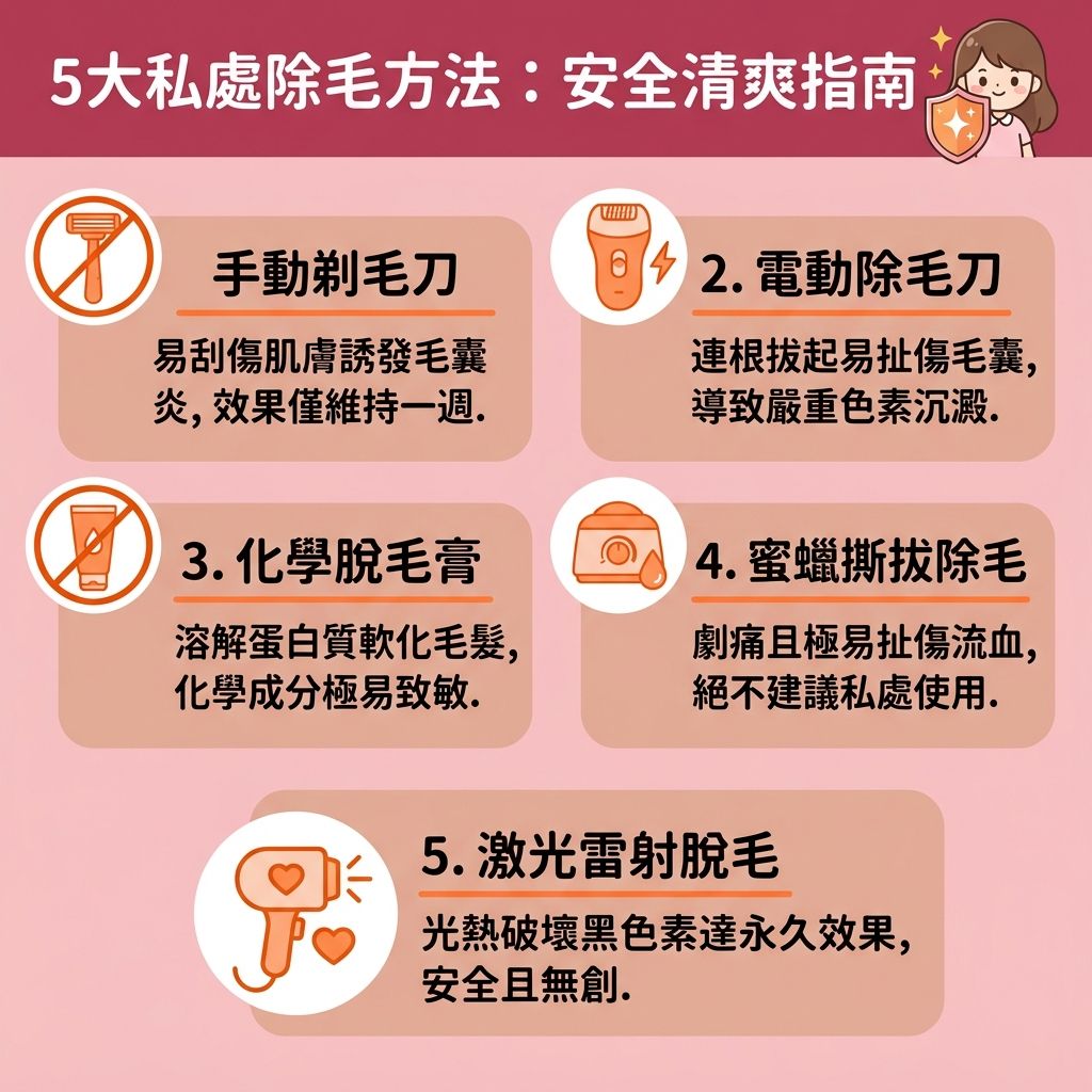 這是一張台灣健康部落格風格的 1:1 正方形資訊圖表,詳細分析了不同的安全脫毛方法與私處除毛好處。針對嬌嫩的私處與比堅尼位,若使用傳統的剃刀或化學脫毛膏來處理毛髮,很容易引發炎症與紅腫,造成難以挽救的拔毛後遺症。而使用蜜蠟更會帶來劇烈的蜜蠟脫毛痛楚,嚴重扯傷皮膚與角質,導致色素與黑色素沉澱,讓減少色素沉澱變得困難。
為了避免皮膚灼傷、解決毛囊發炎並舒緩脫毛紅腫,首選的比堅尼脫毛推薦是前往專業脫毛中心,由專業醫生進行無痛激光脫毛。圖表解釋了激光脫毛原理:利用特定波長與能量的激光穿透表皮,搭配冰感技術,安全破壞毛囊,不僅能改善毛髮倒生,還能達到理想的永久脫毛效果。
建議在適合脫毛季節進行療程,並牢記正確的私密處保養步驟與私密處脫毛保養。做好脫毛前後護理,日常使用保濕霜滋潤並搭配溫和去角質,不僅能保護毛孔,更能有效收細粗大毛孔,維持私密處的健康與白滑。