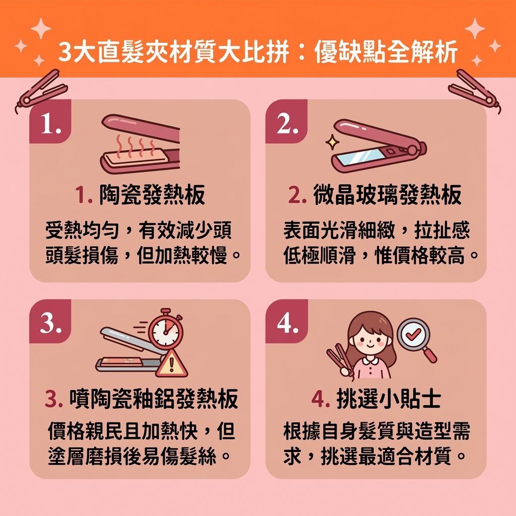 這是一張 1:1 扁平化醫美資訊圖表,教導大家【選擇適合材質】與【日常頭髮護理】。圖中比較不同的【直髮夾】與【夾板】。使用【陶瓷】、【鈦金屬】或帶有【塗層】的面板,若能【控制造型溫度】,確保【均勻受熱面板】並具備【快速預熱功能】,便能有效【減少熱力傷害】與【隔離高溫損傷】。
這對【頭皮】、【髮根】至【髮尾】都至關重要。當高溫【熱力】接觸【髮絲】與【曲髮】時,容易流失【水分】、【蛋白質】與【角蛋白】。透過釋放【負離子】的工具,能【減少靜電摩擦】避免產生【靜電】,進而【閉合毛鱗片】與【撫平頭髮毛躁】。保護【毛鱗片】能【防止水分流失】,成功【解決頭髮打結】及【預防頭髮斷裂】。
無論是為了【塑造順滑直髮】還是【改善天生鬈髮】,正確【造型】能【提升髮絲光澤】並【延長造型持久度】。日常搭配【護髮素】進行【燙後護髮保養】與【鎖水保濕護理】,能全面【修復受損髮質】。這套流程不僅能保護髮絲,更能讓您輕鬆擁有一頭健康亮麗的秀髮!