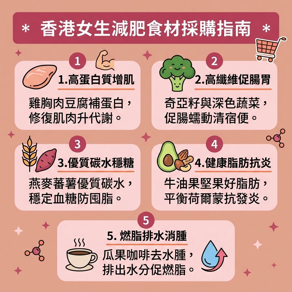 這是一張 1:1 正方形的扁平化資訊圖表,採用台灣健康部落格風格,介紹專屬香港女生的健康減重餐單。透過改善飲食習慣,能精準控制熱量攝取與減少多餘卡路里。首先,推薦以燕麥等富含抗性澱粉的優質碳水化合物來取代精緻澱粉,這能穩定血糖水平,避免血糖與胰島素劇烈波動,從而有效減少脂肪囤積。
接著,多吃富含膳食纖維、維他命與礦物質的蔬菜,能促進腸胃蠕動,有效排毒清腸宿便,並大幅增加飽足感,延長飽足時間。配合減脂增肌飲食,攝取如雞胸肉等優質蛋白質,能大幅提升基礎代謝與整體的基礎代謝率,加速新陳代謝。
正確的食材搭配能幫助消除下肢水腫,解決惱人的水腫問題。長期堅持,能徹底燃燒深層脂肪,精準打擊頑固的皮下脂肪、內臟脂肪與多餘脂肪細胞。這能有效降低體脂比例與整體體脂率,助您順利突破減肥停滯期,輕鬆打造易瘦體質並預防體重反彈。
若渴望追求更完美的曲線,圖表側邊的醫美專欄建議可搭配醫學美容的無創減脂技術與局部減脂療程。透過專業的溶脂科技進行醫美定位修形,全方位為您雕塑健康完美的體態!