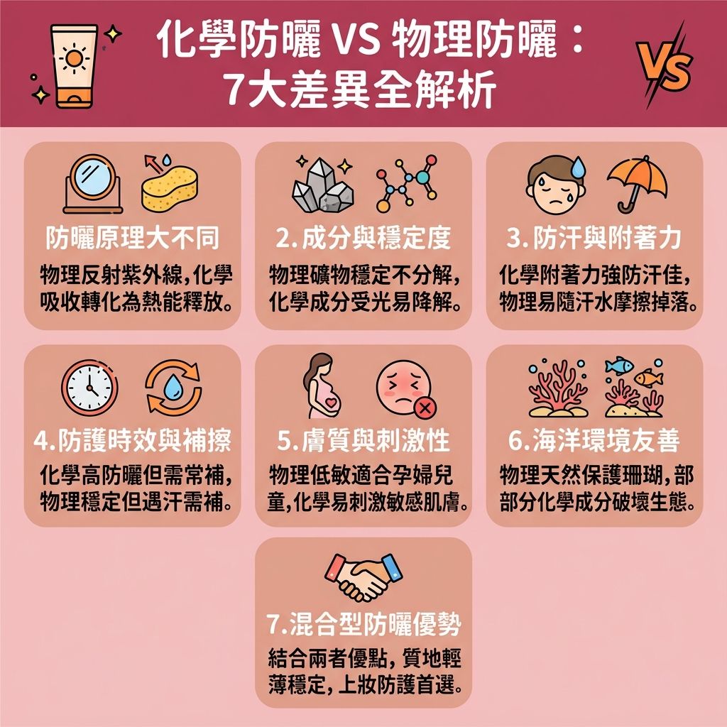 這是一張台灣健康部落格風格的 1:1 正方形扁平化資訊圖表,深入分析【物理防曬】與【化學防曬】的差異與【化學防曬分別】。面對強烈的【紫外線】,若無法有效【阻隔紫外線】,光線會穿透【角質層】、【表皮層】直達【真皮層】,導致底層【黑色素】大量增生,進而形成難纏的【色斑】、【太陽斑】與【雀斑】。
圖表詳細指出,【化學防曬成分】主要透過【吸收紫外線】並將其【轉化熱能】(釋放微小【熱能】)來達到防護效果。這類【防曬霜】、【隔離霜】、【素顏霜】與【粉底液】等【化妝品】及【護膚品】通常具備極佳的【防曬系數】,且【質地輕盈】、【清爽不黏膩】,能輕鬆打造【妝感自然】且【不阻塞毛孔】的完美底妝,同時能【提亮膚色】與【改善膚色不均】。然而,某些成分容易對【敏感肌】造成負擔並【引起敏感】。
相比之下,【物理防曬推薦】的產品成分天然安全,許多更是【海洋友善防曬】的絕佳選擇。無論選擇哪一種,兩者皆能有效【抵禦光老化】、【防止肌膚老化】、【預防黑色素沉澱】及【預防色斑形成】。最後提醒,每天回家後務必使用溫和的【卸妝水】進行徹底的【卸妝清潔】,以維持【毛孔】的健康透氣。