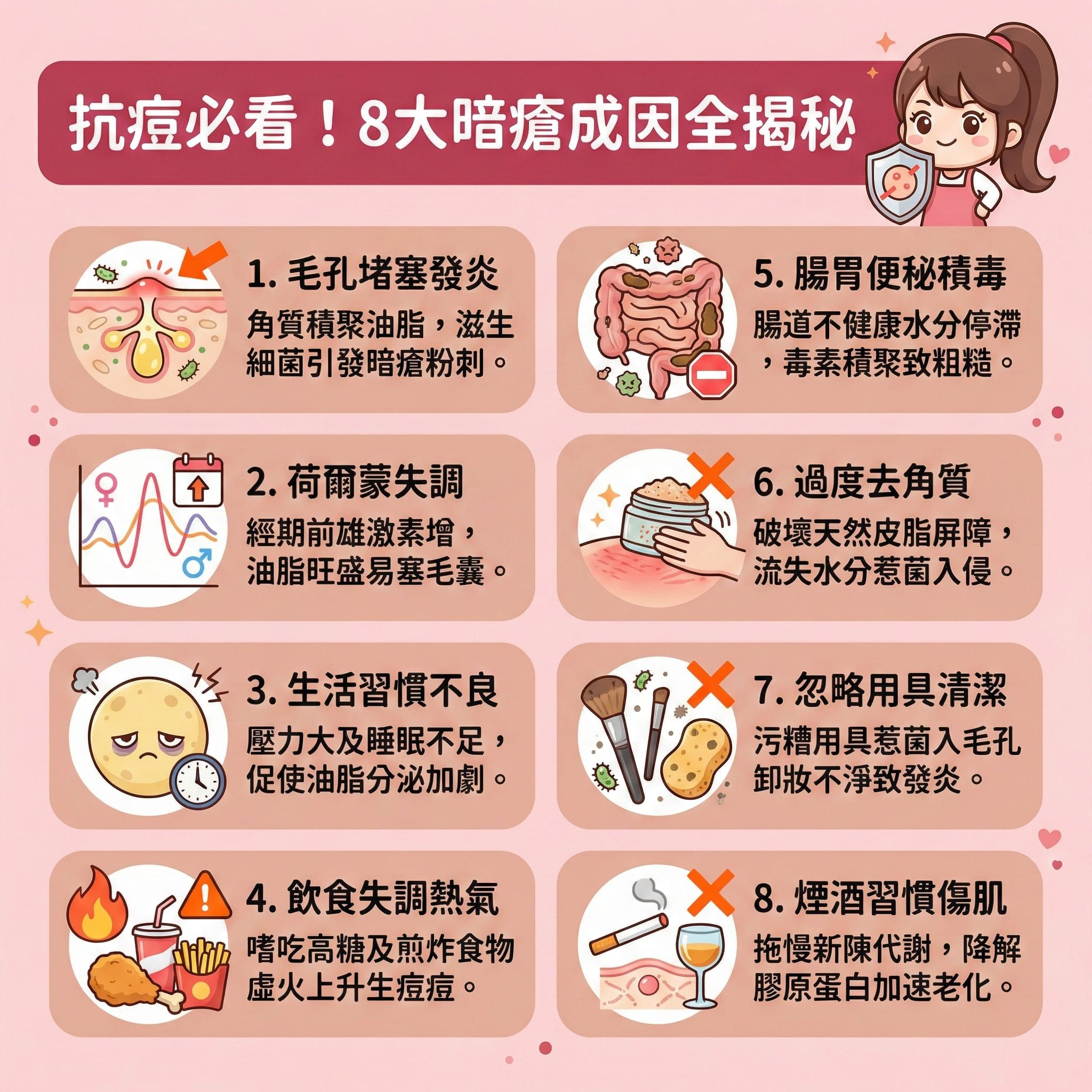 這是一張正方形扁平化醫美資訊圖表,教導如何有效去暗瘡。圖表詳細分析八大成因:當壓力過大、睡眠不足或飲食高糖煎炸時,會擾亂內分泌與荷爾蒙,刺激皮脂腺分泌過多油脂。若角質層過厚,便會引致毛孔堵塞,滋生痤瘡桿菌,形成黑頭、粉刺甚至嚴重的石頭瘡。
日常護理建議選用合適的潔面乳進行深層清潔,並適度使用含水楊酸或果酸的產品來溫和去角質與軟化角質,以疏通毛孔、收細毛孔並抑制油脂分泌。這能有效減少皮脂分泌,達致水油平衡與清爽控油。
發現痘痘時務必避免擠壓以預防發炎及預防留下凹凸洞,應注重消炎殺菌、減輕發炎與舒緩紅腫,從而改善粗糙膚質。為了調理內分泌及促進新陳代謝,徹底解決問題並預防復發,圖表強烈推薦體驗完美醫療的高科技療程(如激光),不僅能刺激膠原增生,更能有效淡化暗瘡印,重拾健康平滑肌膚。