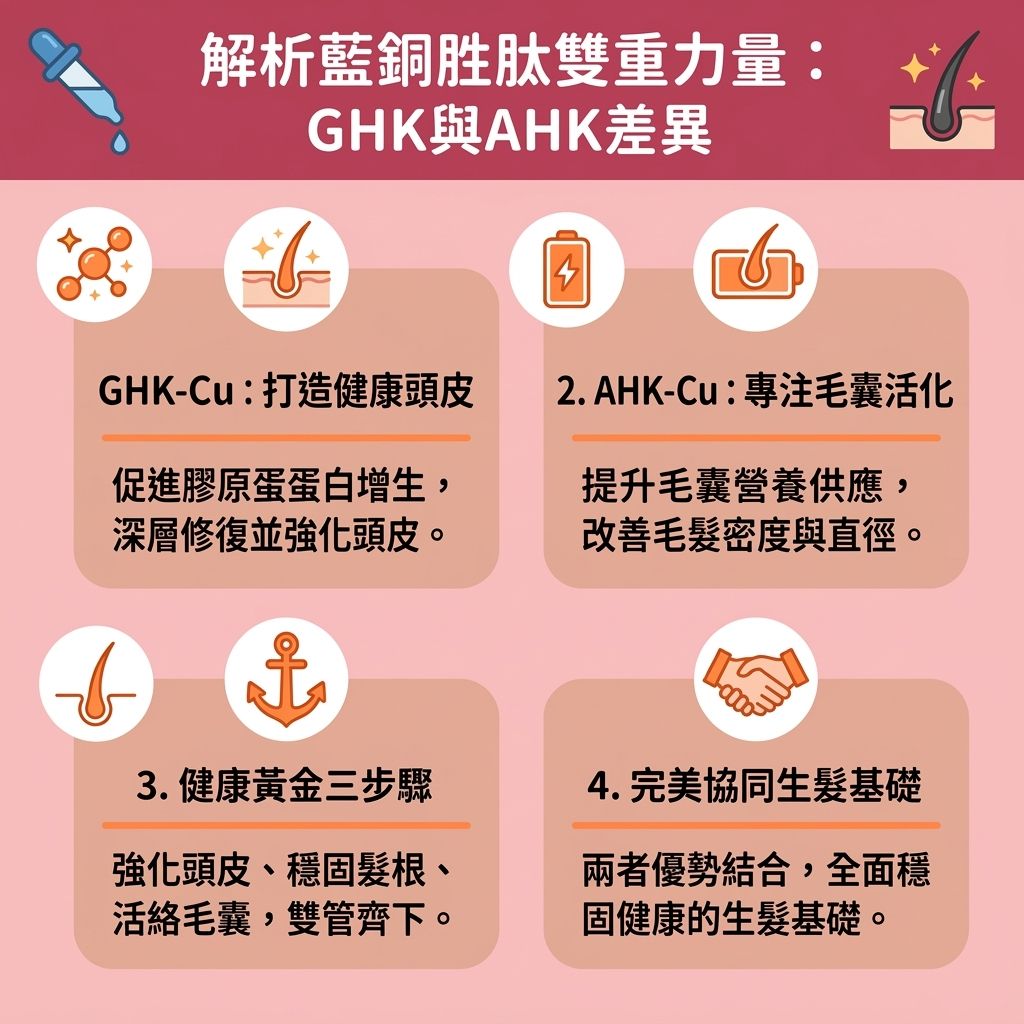 這是一張台灣健康部落格風格的 1:1 正方形資訊圖表,由專業皮膚科醫生詳細解析藍銅胜肽生髮效果與其在抗衰老生髮保養上的應用。許多人尋求有效的雄性禿治療方法來對抗由基因導致的雄性禿與一般脫髮,而藍銅胜肽正是極佳的解答。圖表比較了不同的胜肽結構,它們由氨基酸組成蛋白質,能深入真皮層的細胞。
透過正確使用藍銅胜肽洗頭水、生髮液與藍銅胜肽精華,能發揮強大的抗氧化劑作用,有效舒緩頭皮發炎並減少炎症,且能避免不當使用帶來的藍銅胜肽副作用。GHK-Cu 能促進膠原蛋白增生(產生膠原蛋白與彈性蛋白),加速新陳代謝並改善頭皮血液循環(促進血液循環與微血管健康),從而活化頭皮細胞並保護頭皮。
AHK-Cu 則能抑制雙氫睪酮(對抗雙氫睪酮),並刺激毛囊生長與修復受損毛囊。這有助於延長毛髮生長期、保護毛囊與強化髮根健康。兩者協同作戰,能顯著增強髮絲韌度、減少掉髮數量、解決頭髮稀疏、增加頭髮密度以及預防髮線後移。