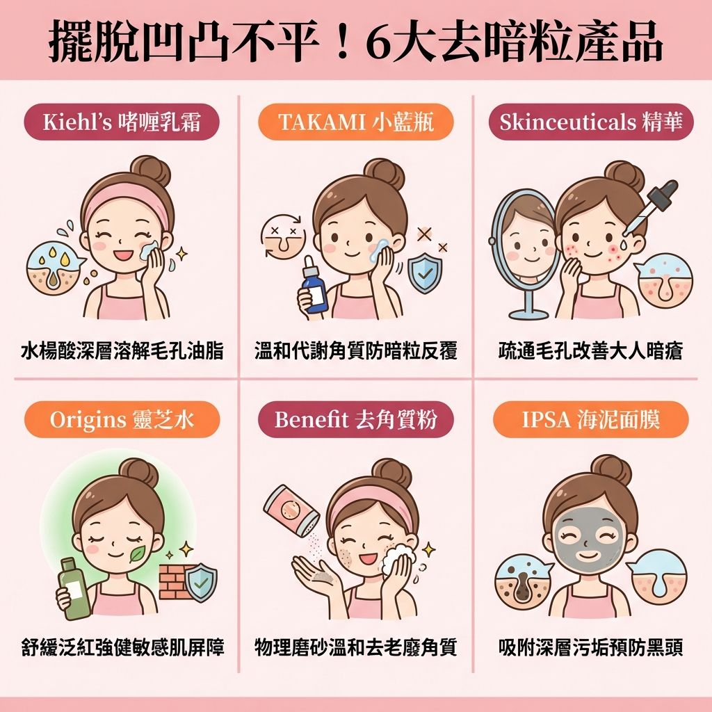 這是一張1:1正方形比例的扁平化向量資訊圖表插畫,背景採用純色且簡單的柔和色調。畫面運用彈性網格排版,以清晰的淺色直線整齊劃分為六個方格(採上排三格、下排三格的3x2陣列佈局)。整體設計為現代醫療健康資訊圖表,帶有日系及台系可愛卡通感。每一格內部結構統一:頂部是帶有底色的「膠囊形」小標題,中央是生動的手繪人物風格產品或護膚動作專屬插圖,底部則為無句號的十字內說明文字。
圖表為大眾推薦六款人氣護膚神物,教導如何【改善閉口粉刺】與對付頑固【暗粒】。當日常【防曬】後若【卸妝】與【卸妝不徹底】,會令【毛孔】囤積【油脂】。這不僅影響【皮脂腺】正常運作,導致【角質】無法代謝,更會形成【白頭】、【黑頭】與【粉刺】,最終讓【痤瘡桿菌】等【細菌】滋生,演變成【暗瘡】。
產品1推薦含【水楊酸】的乳霜來【控制油脂分泌】與【清潔面部油脂】。產品2提倡【溫和去角質】,穩定肌膚【促進新陳代謝】。產品3針對因【荷爾蒙】失調的肌膚,能【疏通毛孔堵塞】並【減輕發炎紅腫】。產品4的精華水有助【補充肌膚水分】、【舒緩皮膚敏感】並【修復皮膚屏障】,維持【水油平衡】。產品5的潔顏粉能物理性【去除老廢角質】以【改善膚質粗糙】。產品6的深層清潔【面膜】能強力【溶解黑頭粉刺】與【深層清潔皮膚】。
若想進一步【收細毛孔】及【預防暗瘡復發】,除了日常保養,亦可考慮尋求【醫生】進行【專業暗瘡治療】。醫美界推薦採用含【果酸】或【杏仁酸】的【醫療級煥膚】療程,或是運用【激光】科技,能更高效、徹底地重塑平滑透亮肌。