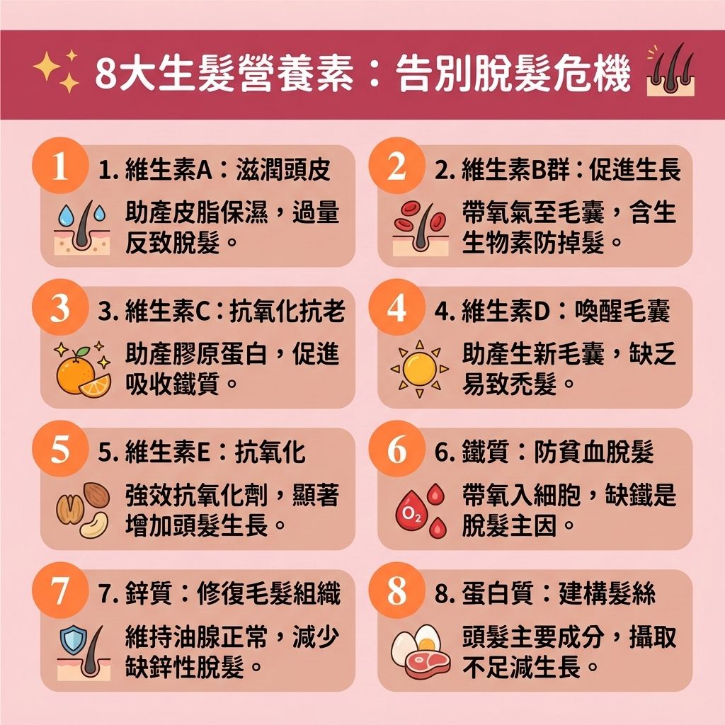 這是一張 1:1 正方形的可愛扁平化向量資訊圖表,採用台灣健康部落格風格,主題為【生髮營養素】與【生髮食物推薦】。圖表詳細解析如何透過【防脫髮飲食】來【補充頭髮營養】,成為對抗【女性脫髮原因】與【男性脫髮危機】的有效【預防脫髮方法】。
插畫中展示了多種護髮食材,如【黑芝麻】、【三文魚】、【雞蛋】與【堅果】。這些食物富含【蛋白質】與【氨基酸】,是合成【角蛋白】的關鍵,有助於【補充蛋白質】並【促進頭髮生長】。圖解說明【鐵質】與【葉酸】能【改善頭皮血液循環】及全身【血液循環】;【生物素】(維生素B群)與【鋅質】能維持正常的【頭皮油脂分泌】,【解決毛孔堵塞】,做好【頭皮保濕護理】與【舒緩頭皮敏感】。維生素C則能促進【膠原蛋白】生成,幫助【強健髮根】與【減少掉髮】。
若身體缺乏這些營養,會影響【新陳代謝】,導致【頭皮】與【毛囊】萎縮,引發【脫髮】或加劇【雄性禿】。正確攝取能【激活休眠毛囊】、【延長生長週期】,從根本【改善頭髮稀疏】。對於嚴重脫髮者,除了食療,圖表建議可搭配【生髮水】或尋求【專業生髮療程】甚至【植髮】,全方位守護秀髮健康!