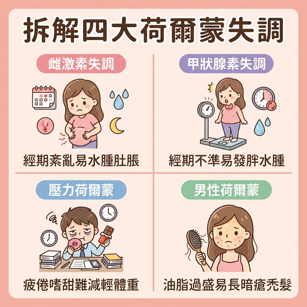 這是一張 1:1 正方形的扁平化 2D 向量健康資訊圖表插畫,採用日系及台系可愛卡通風格,背景為簡單柔和的純色。圖表以彈性網格排版劃分為四個整齊的方格,由淺色直線清晰分隔,字體採用字距寬闊且筆劃清晰的方圓體。圖表由專業醫生講解內分泌與荷爾蒙的四大分類,排版具醫美感,主標題下方無任何標籤。
第一格小標題為「雌激素失調」,畫有摸著肚子感到不適的女孩插畫。當卵巢的雌激素與黃體酮比例不均,會導致月經失調及月經不準,日常需注意補充營養及調理身體以維持健康。
第二格為「甲狀腺素失調」,插畫是站在體重磅上驚訝的可愛女孩。甲狀腺問題會降低新陳代謝,導致體重增加,需促進代謝及維持飲食均衡,避免飲食不均。
第三格是「壓力荷爾蒙」,畫有疲倦嗜睡的女孩。長期的壓力、睡眠不足與情緒波動會影響腎上腺素、褪黑激素與胰島素,引發內分泌失調。建議舒緩壓力、減少熬夜、保持規律作息與充足睡眠。
第四格為「男性荷爾蒙」,插畫為滿面煩惱的女孩。體內雄性激素****分泌過剩會導致水油失衡,刺激皮脂腺從而刺激油脂大量分泌,這會阻塞毛孔並引發暗瘡與荷爾蒙瘡。日常需注重改善暗瘡及預防復發,若情況嚴重應尋求專業醫生的專業診斷,以了解合適的療程並評估療程效果。整張圖表設計整潔,底部無特定品牌字眼。