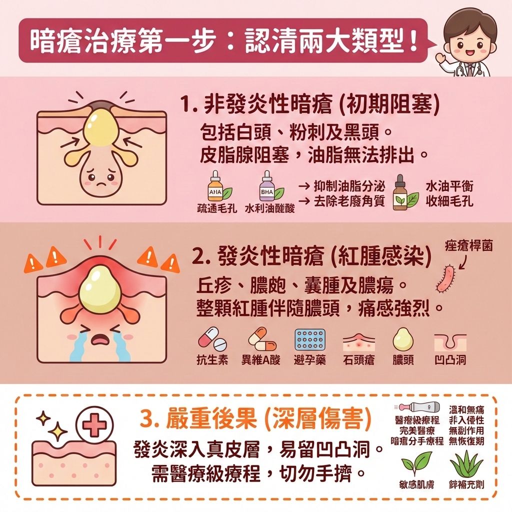 圖表左側展示「非發炎性暗瘡」的皮膚,圖示描繪皮脂腺被油脂堵塞形成的粉刺,建議使用果酸、水楊酸或杏仁酸來疏通毛孔、抑制油脂分泌及去除老廢角質,達致水油平衡及收細毛孔。
圖表右側展示「發炎性暗瘡」的皮膚,圖示顯示痤瘡桿菌導致的紅腫,包括有膿頭的石頭瘡。文字警告嚴重發炎會深入真皮層造成凹凸洞,可能需醫生處方抗生素、異維A酸或避孕藥調節荷爾蒙。
底部建議尋求醫療級療程,如完美醫療的暗瘡分手療程,利用激光治療或真空磨皮,達到消炎殺菌及淡化暗瘡印。相比單純使用暗瘡膏、暗瘡貼、茶樹油、綠茶或蘆薈,專業療程能刺激膠原增生 (膠原蛋白增生),舒緩紅腫並預防復發。此療程溫和無痛、非入侵性、無副作用及恢復期,適合敏感肌膚,並可配合鋅補充劑避免經歷爆瘡期。